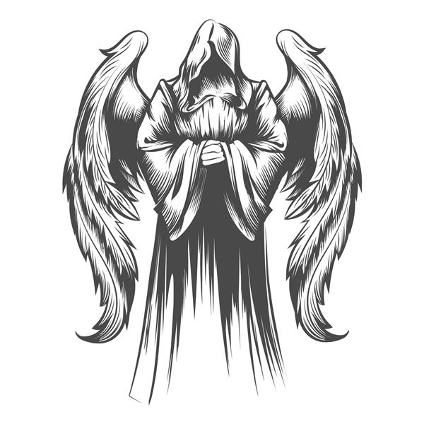 خالکوبی فرشته با بال هایی که به سبک حکاکی ایزوله شده روی پس زمینه سفید کشیده شده است تصویر برداری