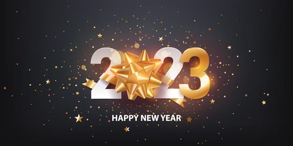 سال نو 2023 مبارک پاپیون کادویی طلایی با اعداد کاغذی سفید و کوفته در مقابل پس زمینه تیره کارت تبریک تعطیلات تصویر برداری
