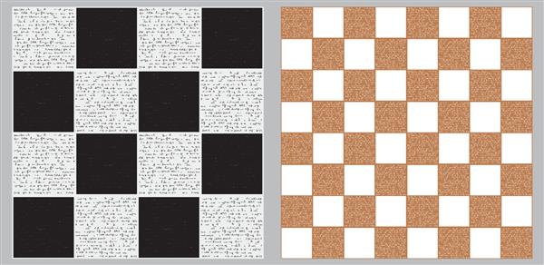 الگوی پس زمینه بدون درز تقلید از حروف انتزاعی قدیمی متن ناخوانا مربع های سیاه و سفید تصویر برداری
