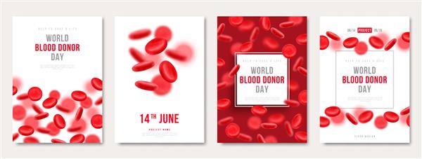 مجموعه ای از پوسترها یا بروشورهای روز جهانی اهدا طرح پزشکی خیریه با گلبول های قرمز سه بعدی تصویر برداری مکانی برای متن اهدای خون زندگی را نجات می دهد پس زمینه بیمارستان کارت هموفیلی کم خونی