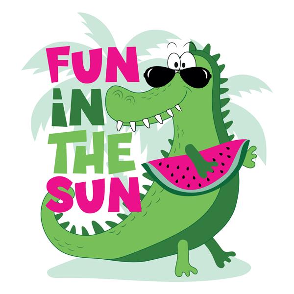 سرگرمی در آفتاب - تمساح خنده دار با هندوانه در جزیره مناسب برای چاپ تی شرت پوستر کارت برچسب و ست سفر