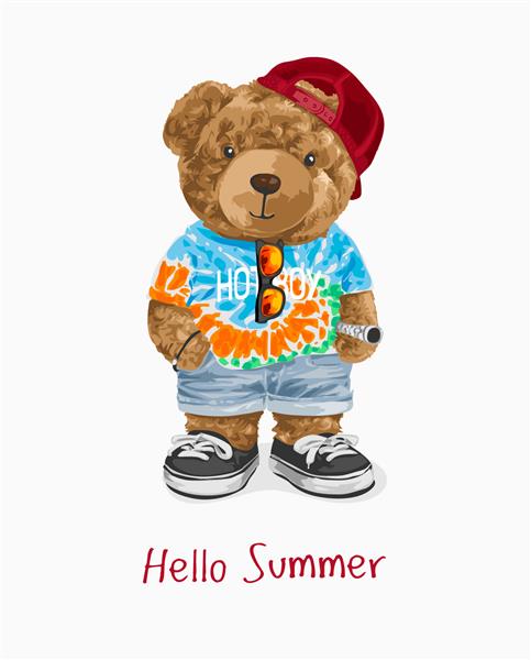 شعار سلام تابستان با عروسک خرس ناز در تصویر برداری مد رنگ کراوات تابستانی