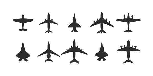 مجموعه آیکون هواپیما نمادهای هواپیما به سبک مسطح نمای بالا نمای هواپیما آیکون های وکتور