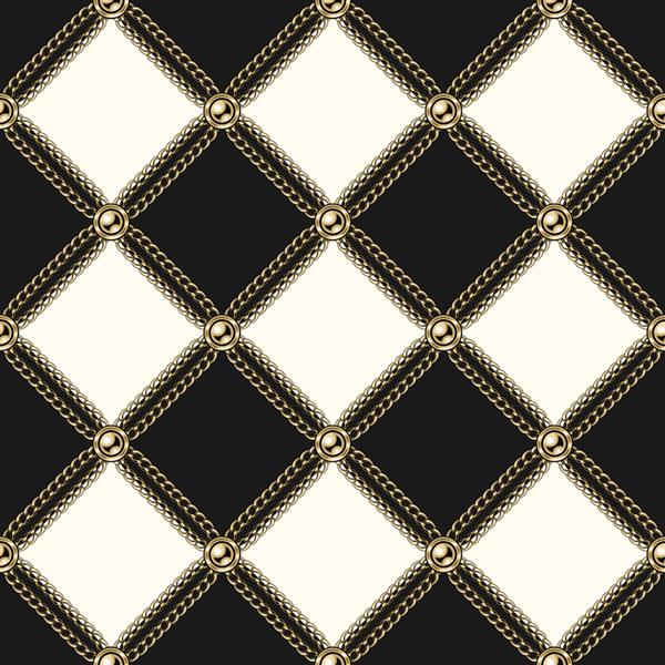 الگوی مشکی و سفید شطرنجی با زنجیرهای طلایی واقع گرایانه مهره ها وکتور پس زمینه بدون درز