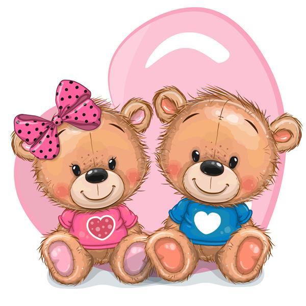 دو خرس عروسکی کارتونی زیبا روی پس زمینه قلب