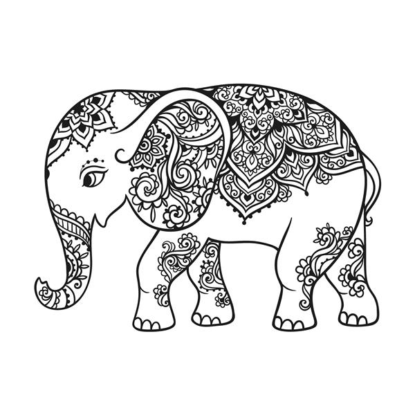 هنر تزیین فیل تصویر برداری حیوان طرح کتاب رنگ آمیزی زنارت دستی با زینت فیل سبک های قبیله ای بوهو هند هیپی بوهمی