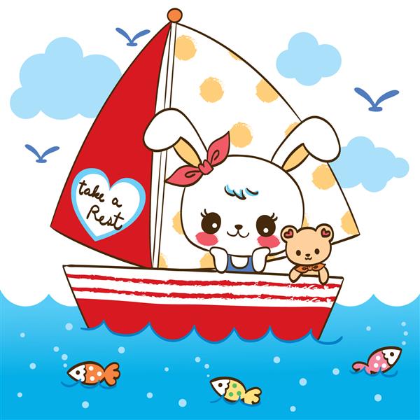 کارتون خرگوش ناز و خرس عروسکی در قایق