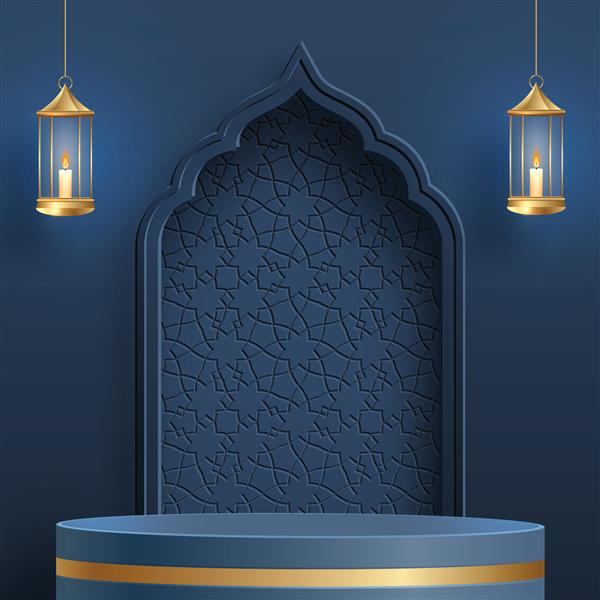 دور تریبون سه بعدی اسلامی برای عید مبارک رمضان کریم محرم افطار در زمینه رنگی