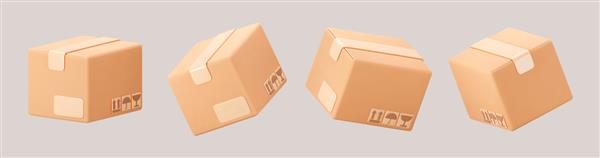 مجموعه نمادهای جعبه بسته مقوایی سه بعدی با نمادهای جدا شده در پس زمینه خاکستری جعبه محموله رندر با نماد علامت مراقبت شکننده حمل و نقل با احتیاط محافظت در برابر باران آب وکتور سه بعدی واقع گرایانه