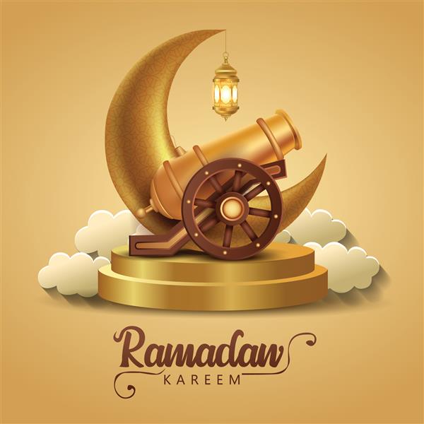 تبریک عید مبارک و رمضان کریم فانوس طلایی آویزان و نیمه ماه با زمینه تیراندازی با کمان طلایی طرح تصویر برداری
