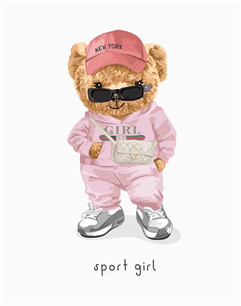 شعار دختر ورزشکار با عروسک خرس در لباس ورزشی صورتی و تصویر برداری عینک آفتابی