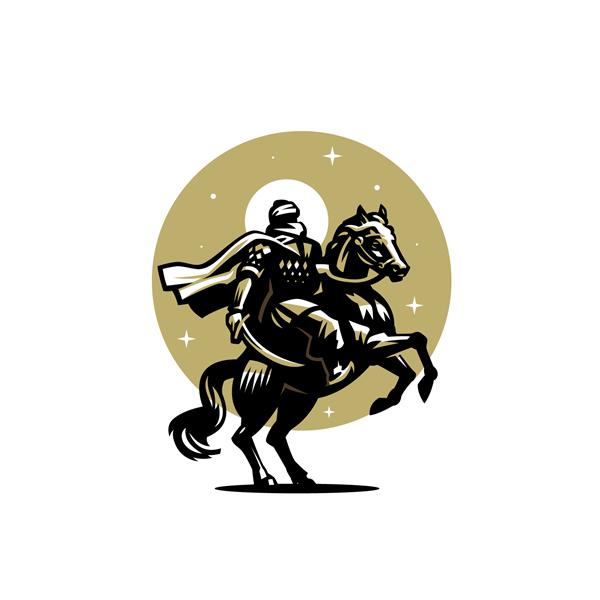 جنگجوی مرد با صورت بسته و خرقه جنگجو عرب بادیه نشین طوارق اسب بزرگ شد در دستان شمشیر تصویر برداری تلطیف شده