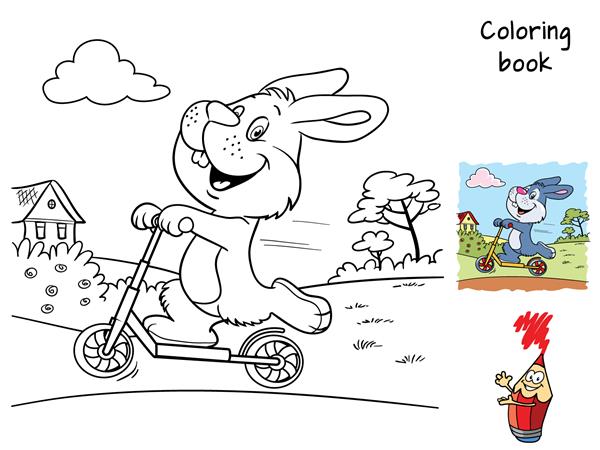 خرگوش خوشحال سوار اسکوتر کتاب رنگ آمیزی تصویر برداری کارتونی