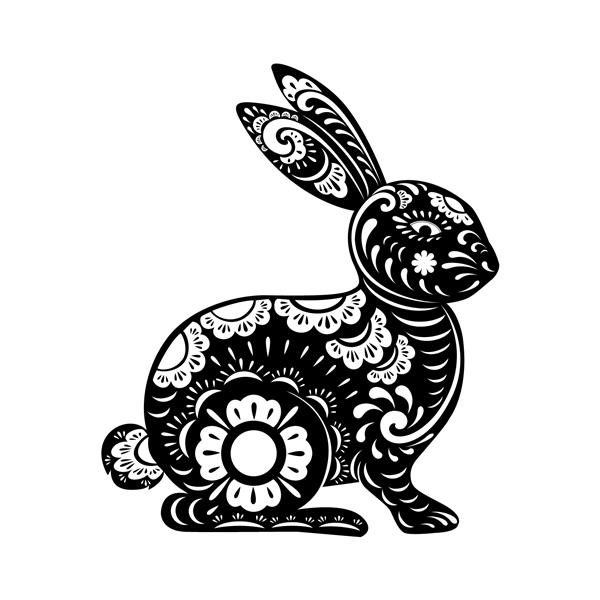 2023 سال خرگوش با پس‌زمینه سفید برش هنری کاغذی زودیاک چینی برای عنصر سال نو اسم حیوان دست اموز زیبای عید پاک با خرگوش فانتزی گلدار با الگوی برش لیزری برای قالب یا قالب