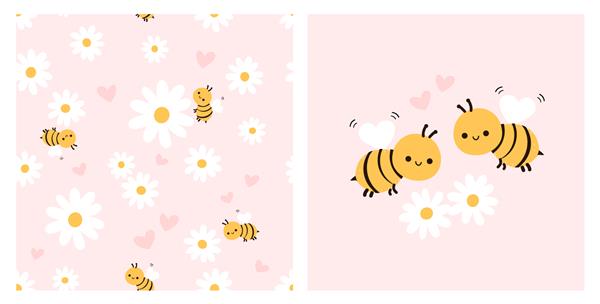 الگوی بدون درز با باغ دیزی و کارتون زنبور عسل در پس زمینه صورتی کارتون زنبور عسل و تصویر برداری قلب