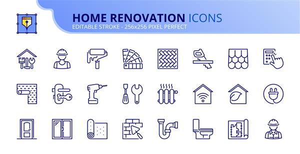 نمادهای کلی در مورد بازسازی خانه شامل نمادهایی مانند تعمیر ابزار مصالح ساختمانی کارگر بهداشتی نجاری معماری و دکور است وکتور سکته مغزی قابل ویرایش 256x256 پیکسل کامل