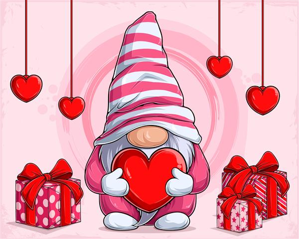 شخصیت گنوم دوست داشتنی روز ولنتاین که یک قلب عاشقانه بزرگ با هدایایی در پهلوهایش در دست دارد