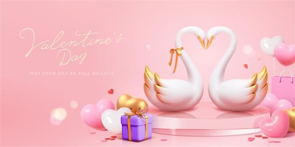 بنر تبلیغاتی سه بعدی فروش روز ولنتاین زوج قو روی سکوی شیشه ای با کانفتی جعبه هدیه و بادکنک های شکل قلب مفهوم همزاد روح