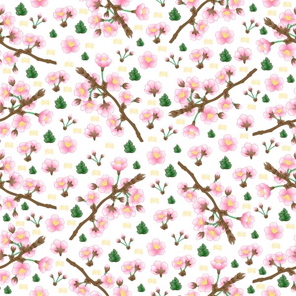 تصویری از الگوی گل بدون درز با شاخه‌های درخت سیب و گل‌های جدا شده روی مشکی