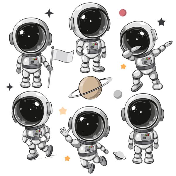 مجموعه فضایی کارتونی زیبا از فضانورد جدا شده در پس زمینه سفید