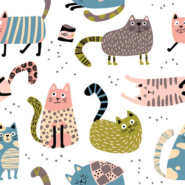 الگوی بدون درز گربه ها شخصیت های بامزه در حالت های مختلف تصویر وکتور مهد کودک به سبک ساده اسکاندیناویایی پالت پاستل ایده آل برای چاپ منسوجات کودک پارچه