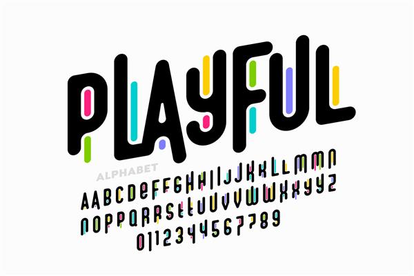 طراحی فونت رنگارنگ بازیگوش تصویر برداری حروف الفبای کودکانه و اعداد