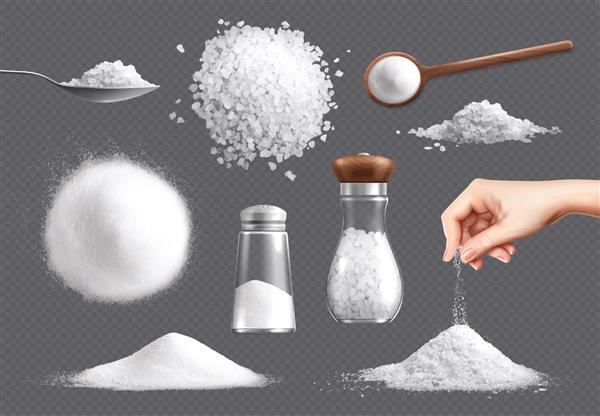 مجموعه واقعی نمک از نمادهای جدا شده انباشته نمک خوراکی شکستگی های مختلف با تصویر برداری وکتور انبارهای نمک