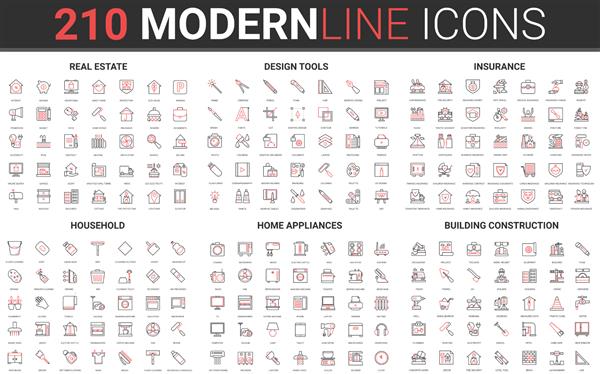 مجموعه 210 نماد خط نازک قرمز سیاه و سفید مدرن از خانه لوازم خانگی ساخت و ساز ساختمان املاک ابزار طراحی تصویر برداری مجموعه بیمه