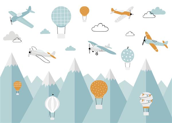 وکتور رنگ کودکان با تصویر کوه هواپیما بالون هوا و ابرها به سبک اسکاندیناویایی کاغذ دیواری کودکانه منظره کوهستانی طراحی اتاق کودک دکور دیوار