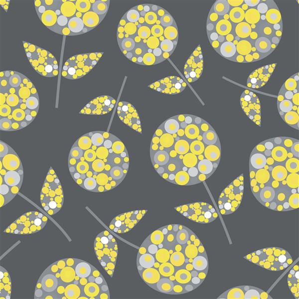 پس زمینه الگوی وکتور بدون درز گل آلیوم انتزاعی پس‌زمینه گل‌ها و برگ‌های مدرن اواسط قرن پر از شکل‌های دایره‌ای در رنگ‌های خاکستری زرد تکرار گیاه‌شناسی یکپارچهسازی با سیستمعامل برای تندرستی