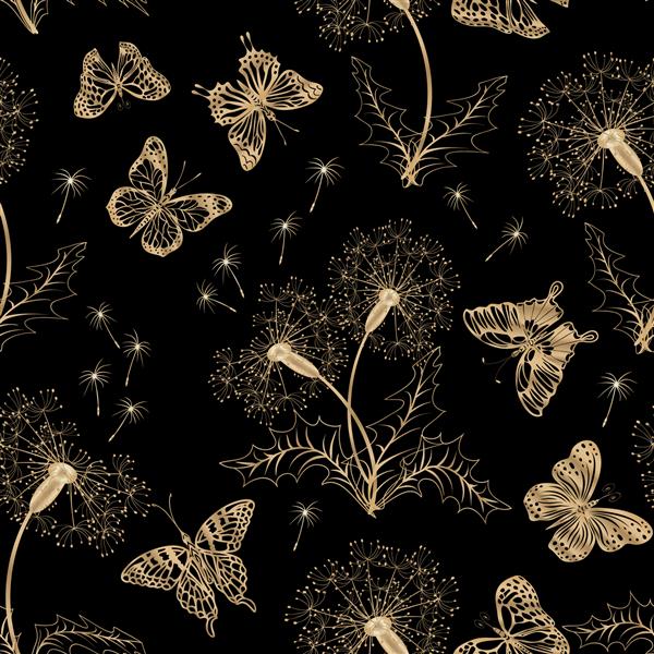 پروانه ها و قاصدک های طرح دار پروانه ها و قاصدک ها به رنگ طلایی در زمینه مشکی در طرح وکتور