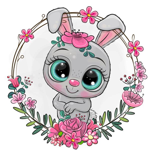 خرگوش خاکستری کارتونی ناز در قاب گل