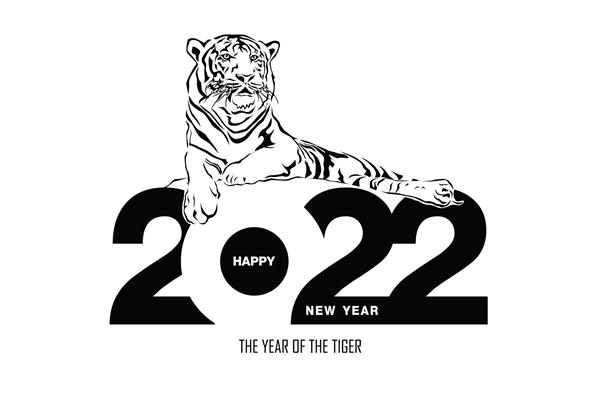 سال نو مبارک 2022 سال کشیدن ببر خطوط سیاه و سفید روی اعداد 2022 برای پوستر بروشور بنر کارت دعوت تصویر برداری جدا شده در پس زمینه سفید