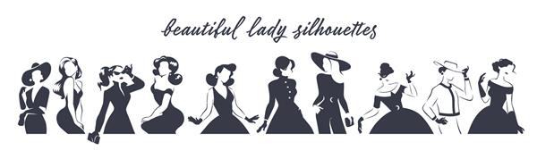 مجموعه ای از سیلوئت های پرتره بلند زنان سیاه پوست در ژست های مختلف جدا شده در پس زمینه سفید استایل مد خانم با لباس شلوار اکسسوری کلاه کیف برای لوگو نمادها بنرها