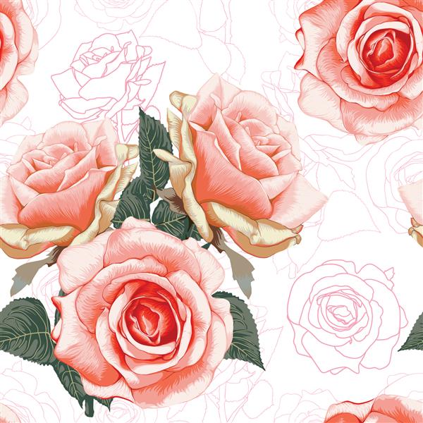 پس‌زمینه انتزاعی قدیمی گل‌های رز پاستلی صورتی زیبا طرح بدون درز تصویر برداری با دست نقاشی آبرنگ خشک برای طراحی پارچه پارچه یا بسته‌بندی محصول