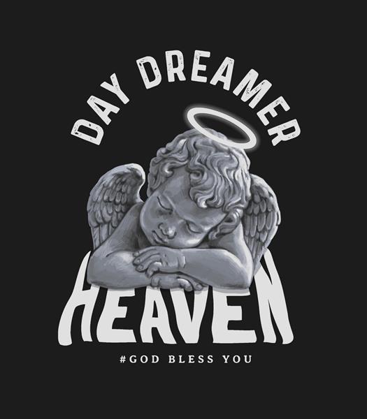 شعار تایپوگرافی با فرشته کودک عتیقه در خواب تصویر برداری برای تی شرت