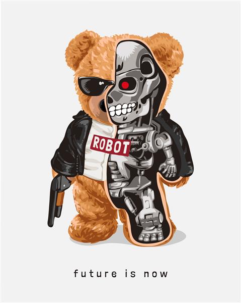 آینده در حال حاضر شعار با تصویر اسباب بازی خرس نیمه ربات است