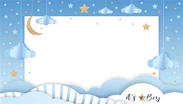 تصویر برداری برای کارت دوش نوزاد پسر در پس‌زمینه آبی منظره ابری اوریگامی انتزاعی هلال ماه و ستاره‌ها در آسمان آبی برش کاغذ زیبا با فضای کپی برای عکس‌های کودک