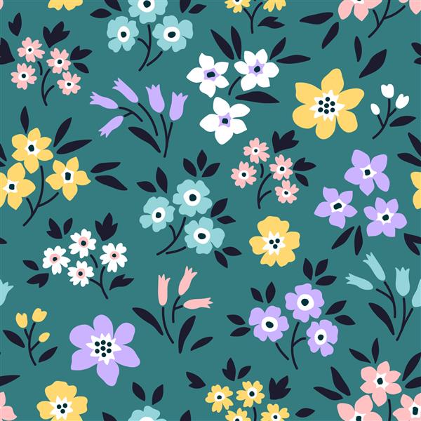 پس زمینه گل های قدیمی الگوی وکتور بدون درز برای طراحی و چاپ مد طرح گل با گل های کوچک رنگارنگ در زمینه سبز-آبی سبک دیتسی