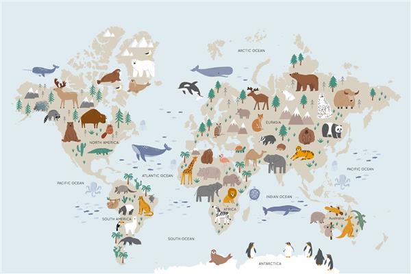 نقشه دنیای حیوانات برای بچه ها پوستری با حیوانات وکتور زیبا به سبک مسطح شخصیت های کارتونی ابله به سبک اسکاندیناوی برای کودکان