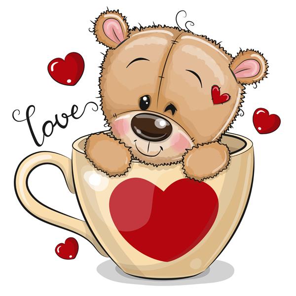 خرس عروسکی کارتونی ناز در یک فنجان با چاپ قلب نشسته است