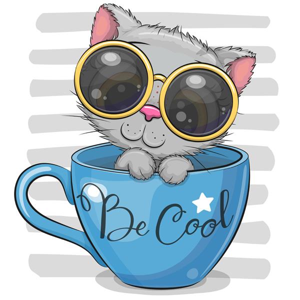 بچه گربه کارتونی ناز با عینک در یک فنجان نشسته است