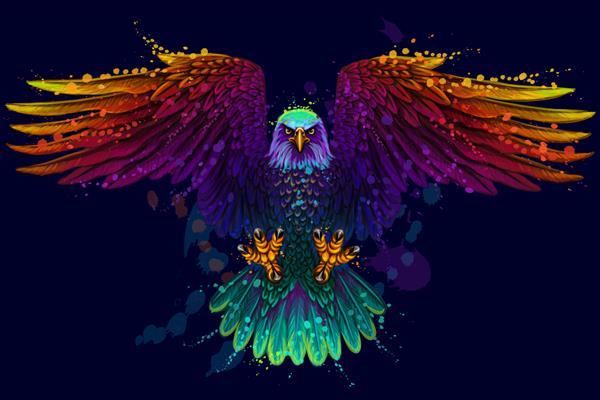 پرواز عقاب طاس رنگی انتزاعی نئون پرتره هنری از یک عقاب سر به فلک کشیده طاس در زمینه آبی تیره در سبک هنر پاپ گرافیک وکتور دیجیتال لایه های جدا