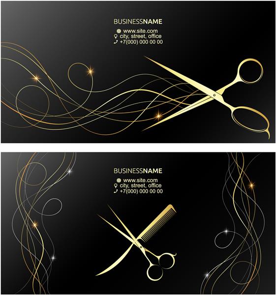 مفهوم کارت ویزیت منحصر به فرد شانه قیچی طلا و موهای براق زیبا