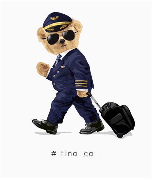 عروسک خرس در لباس خلبان خطوط هوایی با تصویر چمدان