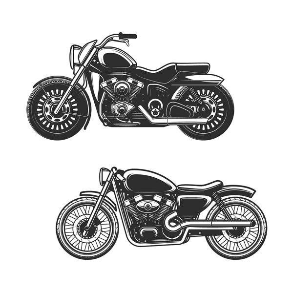 نمادهای جدا شده موتورسیکلت یا دوچرخه از طراحی بردار ورزش مسابقه وسیله نقلیه جاده ای و حمل و نقل موتور سیکلت نمای جانبی رزمناو و باببر با سیلندر موتور چرخ و لاستیک مخزن بنزین و صندلی