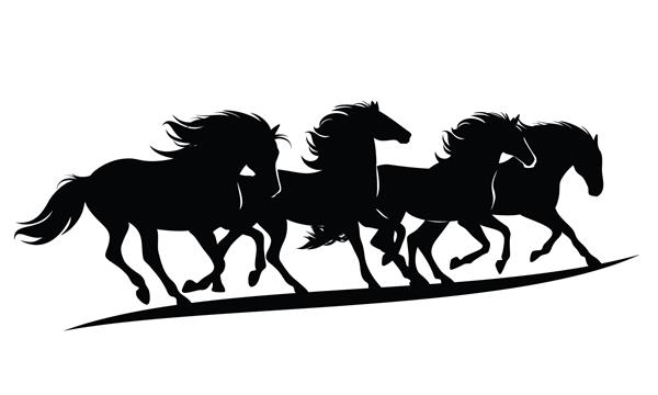 گله اسب‌های موستانگ وحشی که با عجله به جلو می‌روند - طرح‌های شبح وکتور سیاه گروه حیوانات در حال دویدن