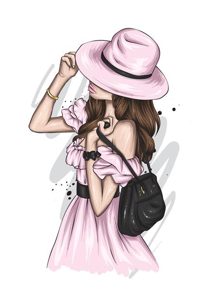 دختر زیبا با لباس و کلاه تابستانی شیک تصویر برداری برای پوستر چاپ روی لباس سبک مد