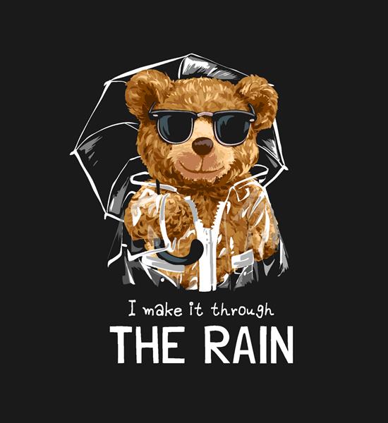 از طریق شعار باران با اسباب بازی خرس در عینک آفتابی و تصویر کت بارانی