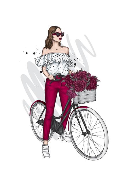 دختر زیبا با دوچرخه قدیمی شلوار و تی شرت تصویر برداری برای کارت یا پوستر چاپ روی لباس مد سبک و لوازم جانبی